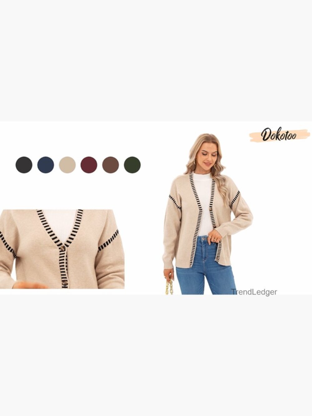 Oversized Cardigan Sweaters Casual Coats Long Sleeve Button Front Stripes Trim - Picture 7 of 7